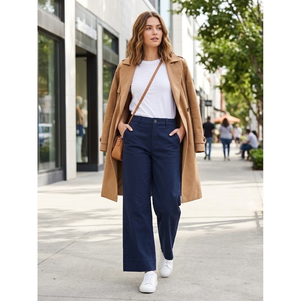 Spanx The Get Moving Wide Leg Pant Navy Blue High Rise Stretch Trousers Size L